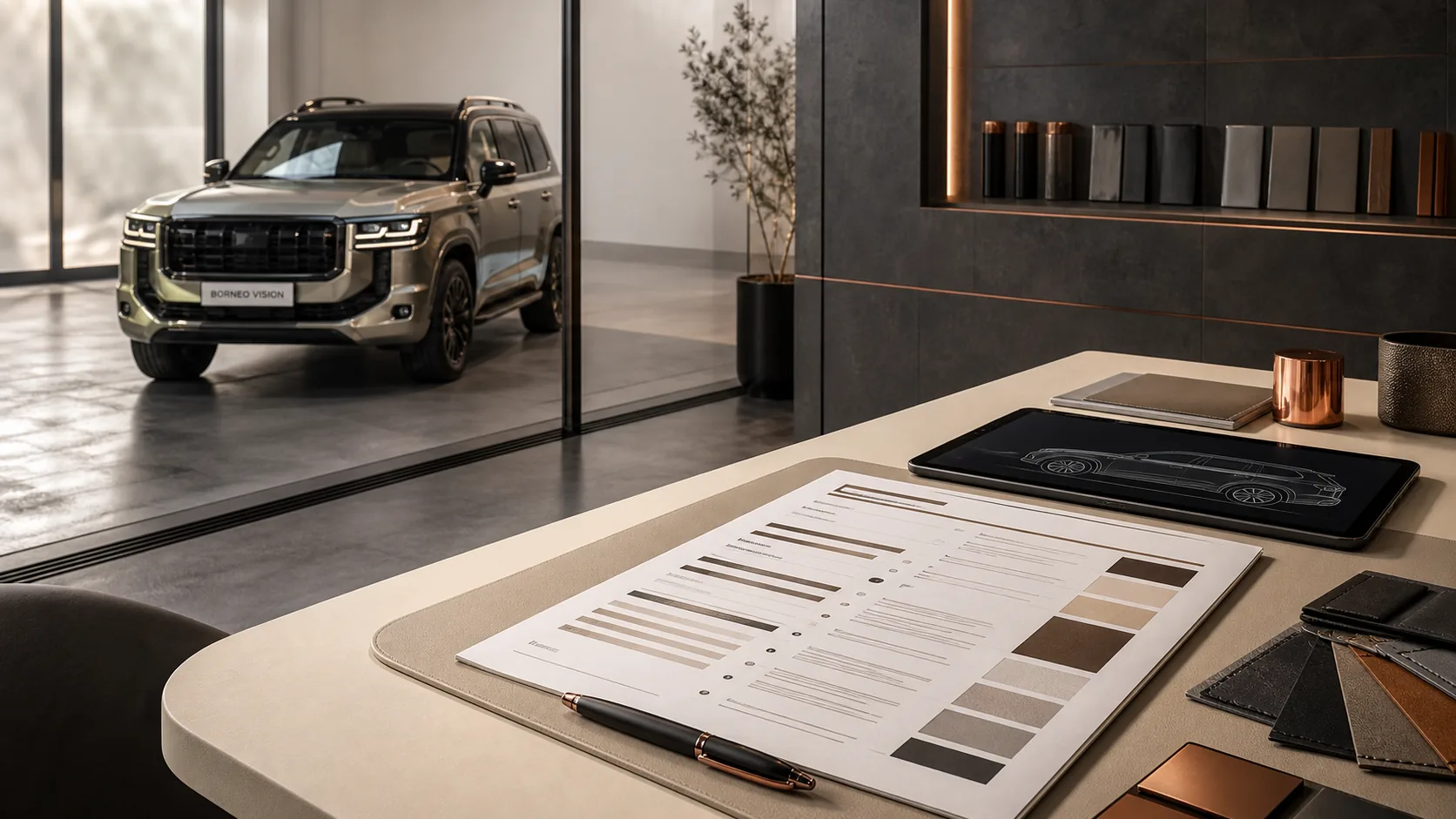 Editorial concept visual for the quotation-first process — an itemised written quotation beside a vehicle in the studio